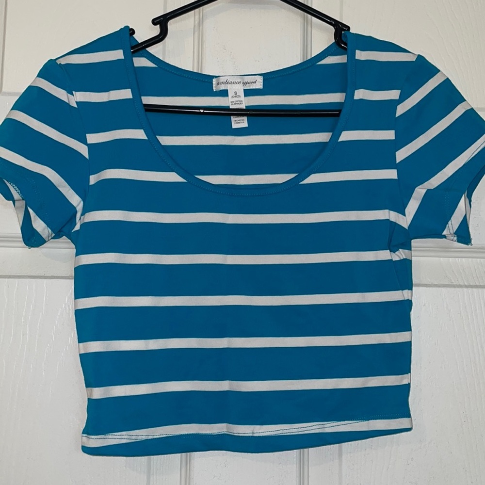 Turquoise & white striped crop top. Size S